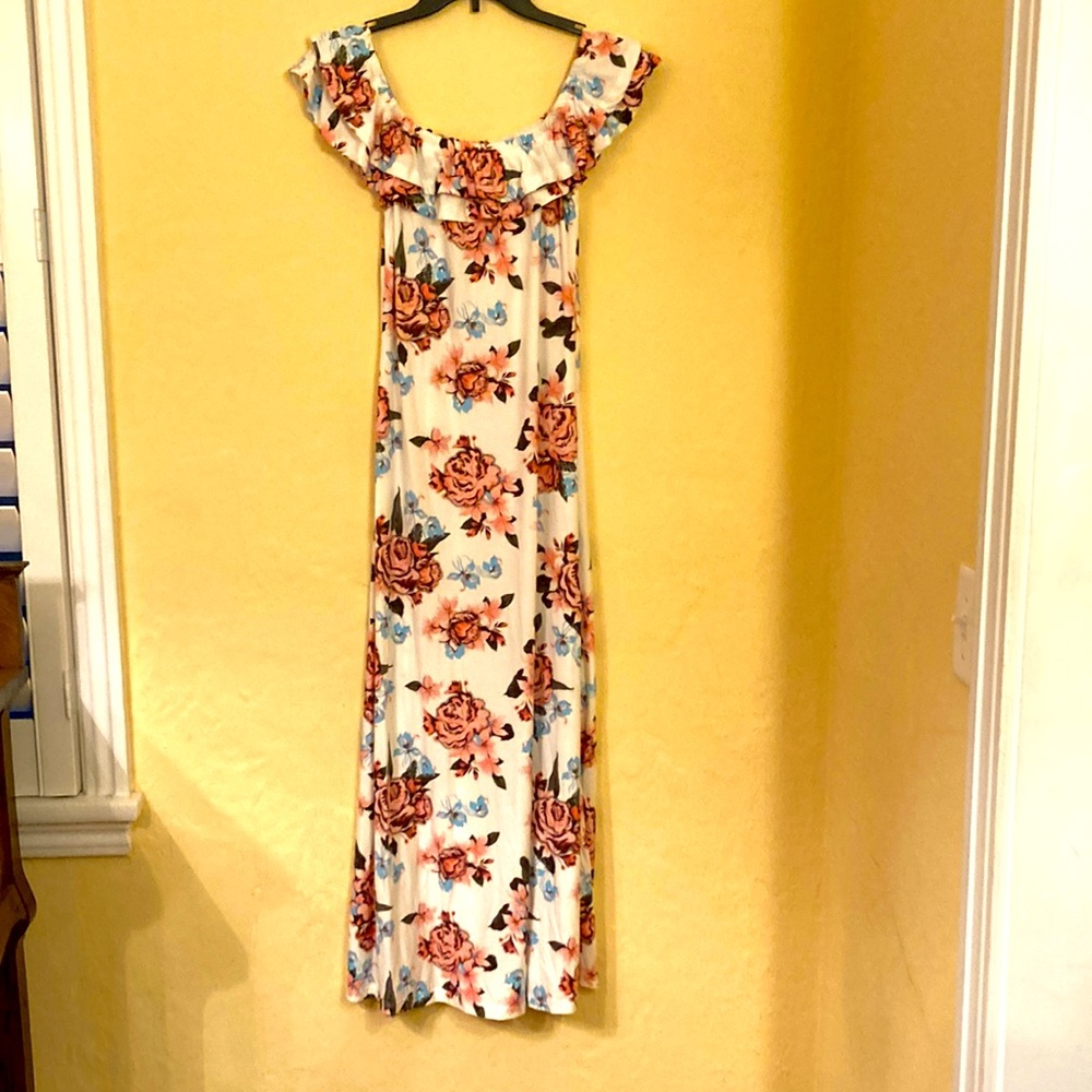 Floral Maxi Dress with Ruffled Off-the-Shoulder Neckline by Hot Kiss
